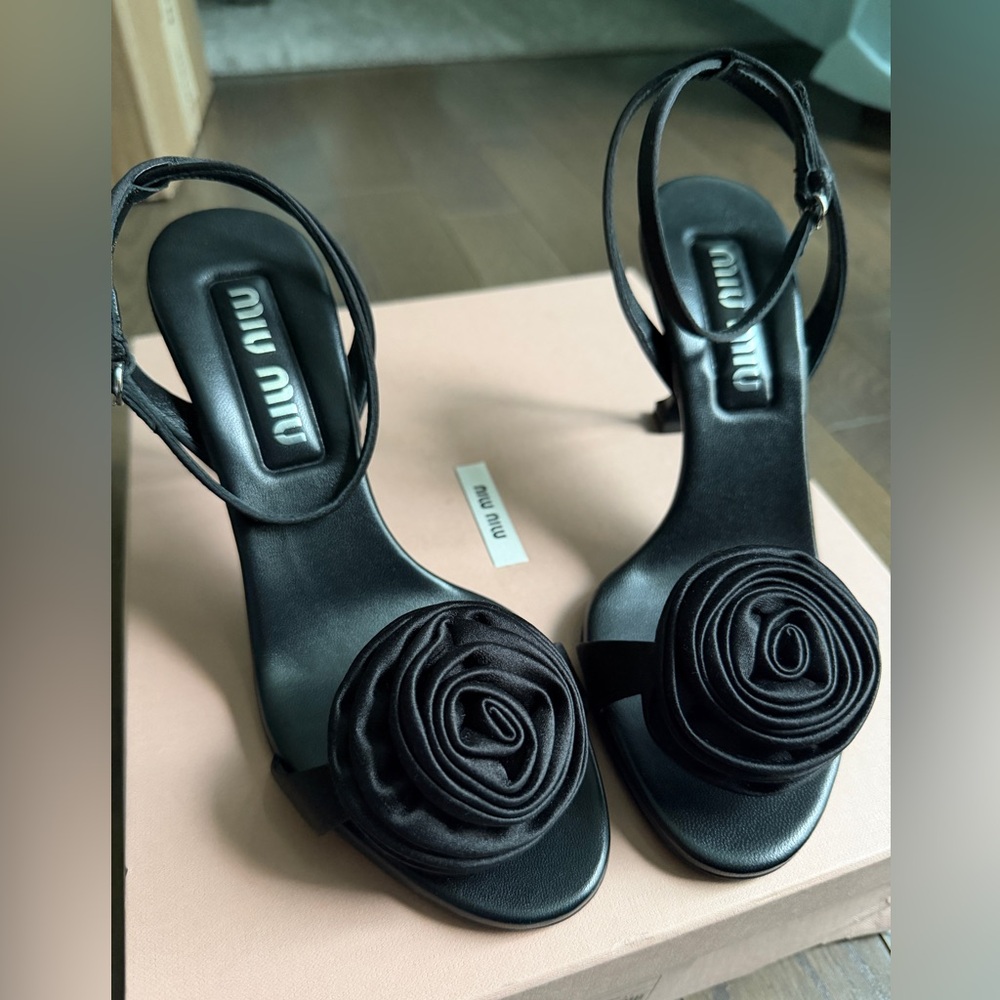Miu Miu Black Rose Satin Sandals - Picture 8 of 10